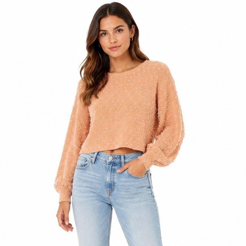 New In Pom Pom Knit Sweater Women Size S‎ Peach Boho Casual Balloon Sleeve